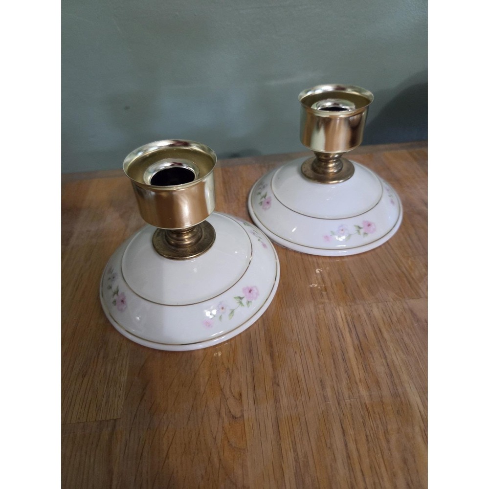 Pair Brass & Pink/White Floral Porcelain Taper Candle Holders